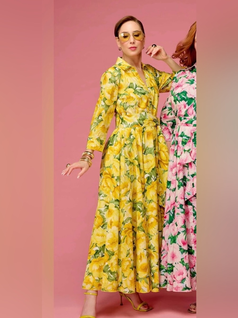 Carla Rockmore Yellow Floral Cotton Shirtdress XS Long Sleeve Tie Waist Maxi